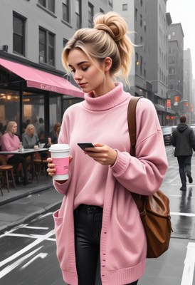 Woman in pink sweater on city street
