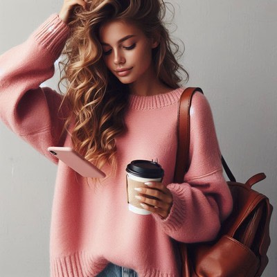 Woman in pink sweater holding coffee and phone