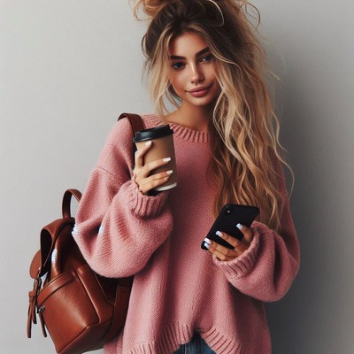 Woman in pink sweater holding coffee and phone