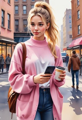 Woman using phone on city street