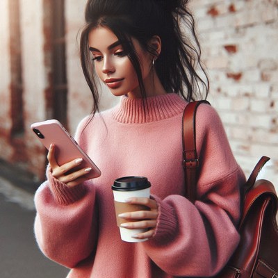Woman using phone with coffee in city