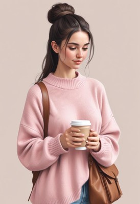 Woman holding coffee in pink sweater