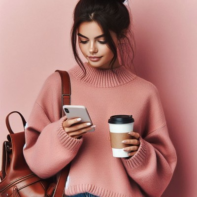 Woman using phone with coffee