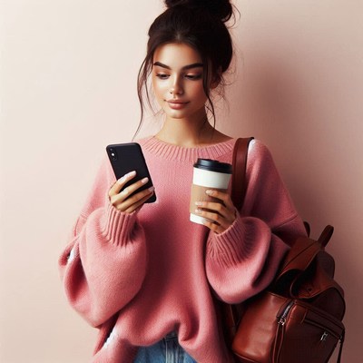 Woman using smartphone with coffee