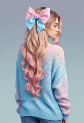 Woman with pink hair and blue bow