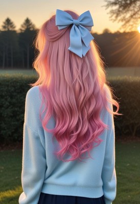 Woman with pink hair and blue bow