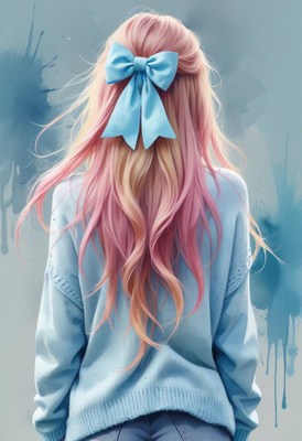 Woman with pink hair and blue bow