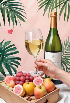White wine toast with fruit and palm leaves