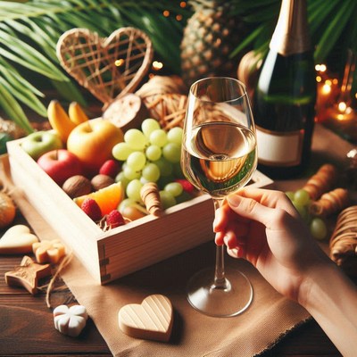 Hand holding wine glass with fruit basket