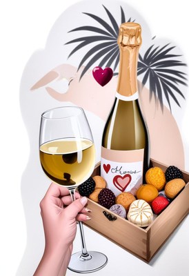 Wine, snacks, and a palm tree