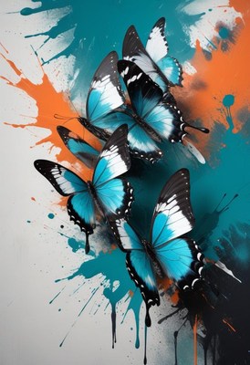Blue butterflies against splashing paint