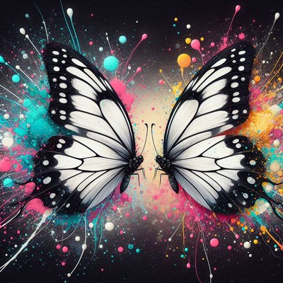 Black and white butterflies in colorful splashes