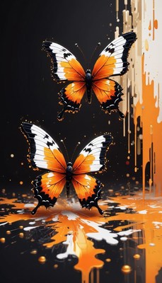 Two butterflies flying over orange paint splatter