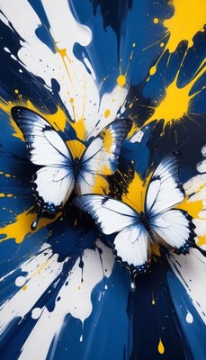 White butterflies in blue and yellow splashes