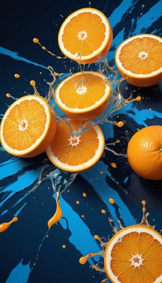 Orange slices splashing on blue background