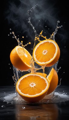 Orange slices splashing in water