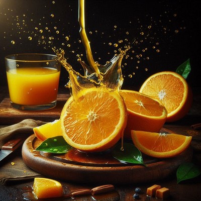 Orange juice splash on wooden board