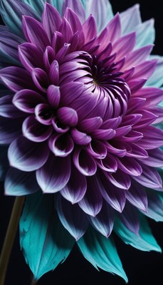Purple and teal dahlia close-up
