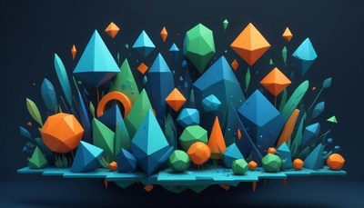 Abstract geometric landscape with orange and blue shapes