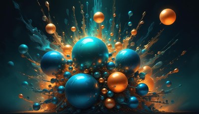 Blue and gold spheres in paint explosion