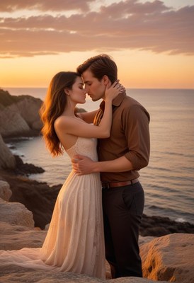 Couple embracing at sunset on the coast
