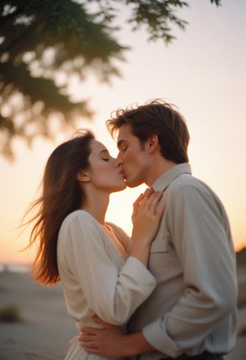 Couple kissing at sunset