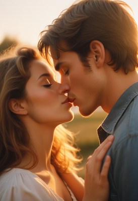 Couple kissing at sunset