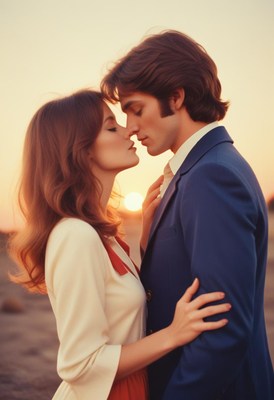 Romantic couple kissing at sunset