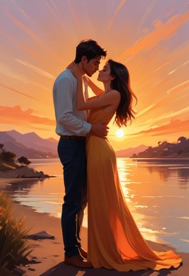 Couple embracing at sunset beach