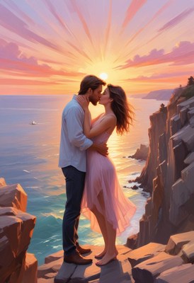 Couple kissing at sunset cliffside