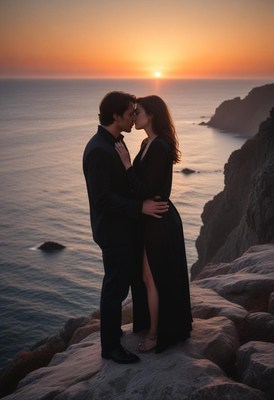 Couple kisses at sunset on cliffside