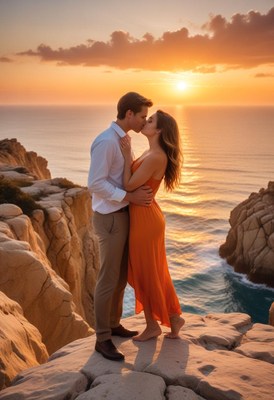 Couple kissing at sunset on ocean cliffs