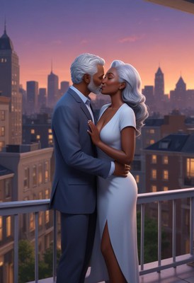 Couple kissing on city balcony at dusk