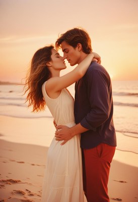 Couple embracing at sunset on beach