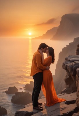 Couple kisses at sunset over cliffs