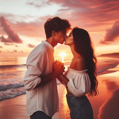 Couple kissing at sunset beach