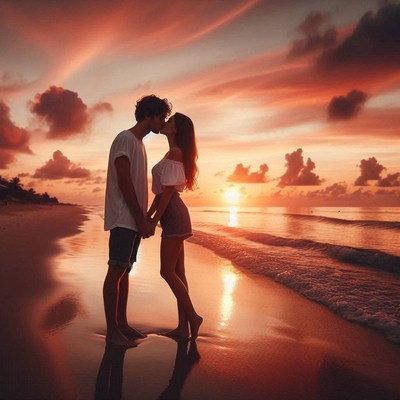 Couple kissing at sunset beach