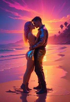 Couple embracing at sunset beach