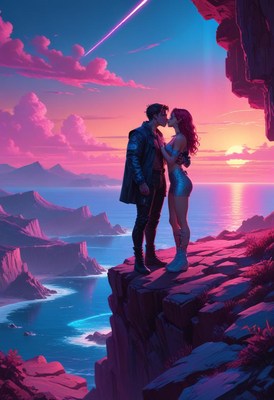 Couple kissing at sunset on a cliff