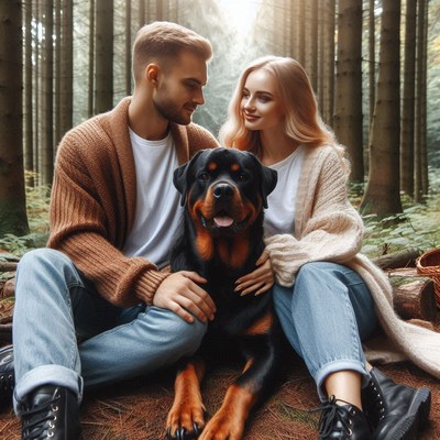 Couple and rottweiler in forest