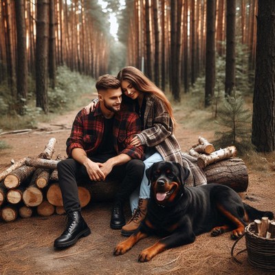 Couple posing with dog in forest