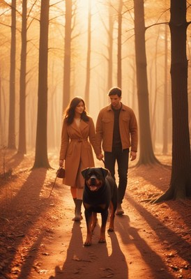 Couple walking rottweiler in autumn forest