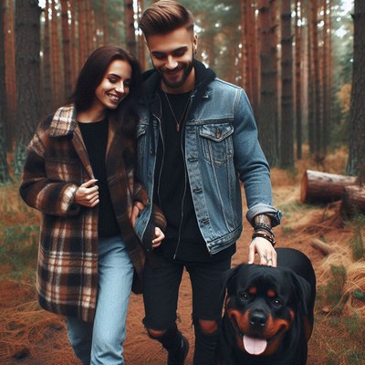 Couple walking dog in forest