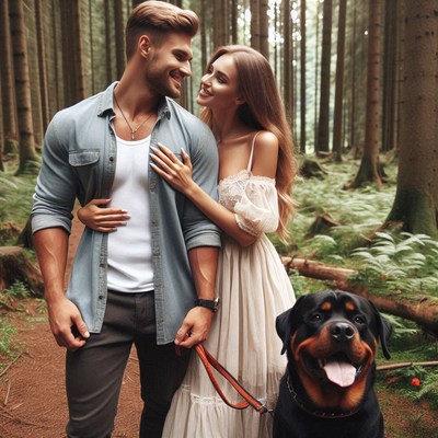 Couple walking dog in forest