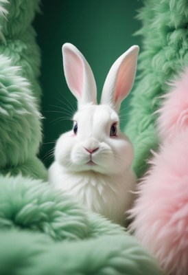 White rabbit in green and pink fur