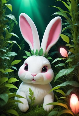 White bunny in green foliage