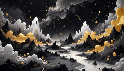 Abstract mountain range with gold and silver clouds