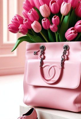 Pink tulips and bag