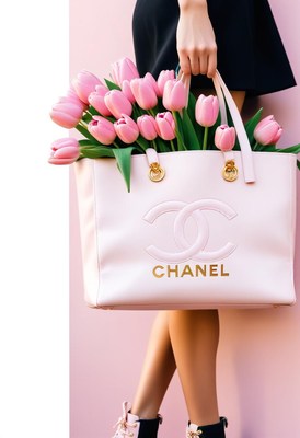 Woman holding pink tote bag with tulips