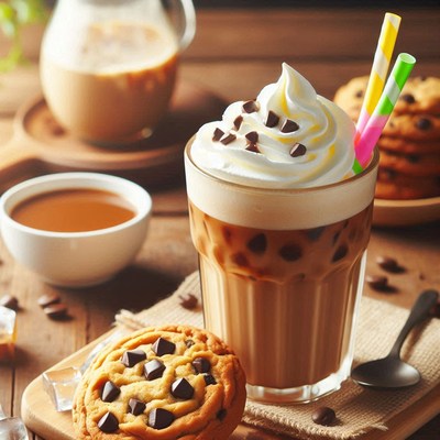 Iced coffee with whipped cream and chocolate chips